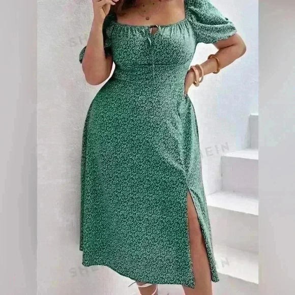 SWEETHEART PUFF SLEEVE THIGH SPLIT DRESS - Picture 1 of 5
